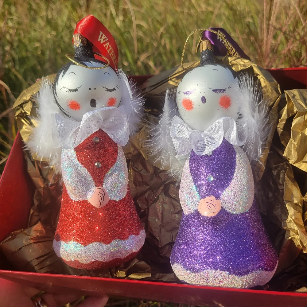 Waterford Sugar Plum Angel Duo Red & Purple Ornaments ~ Czech ~ Retired